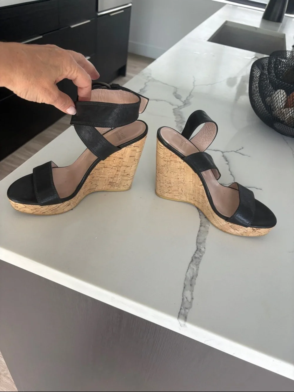Stuart Weitzman Black Leather Wedge Sandals with Cork Platform - Picture 9 of 10